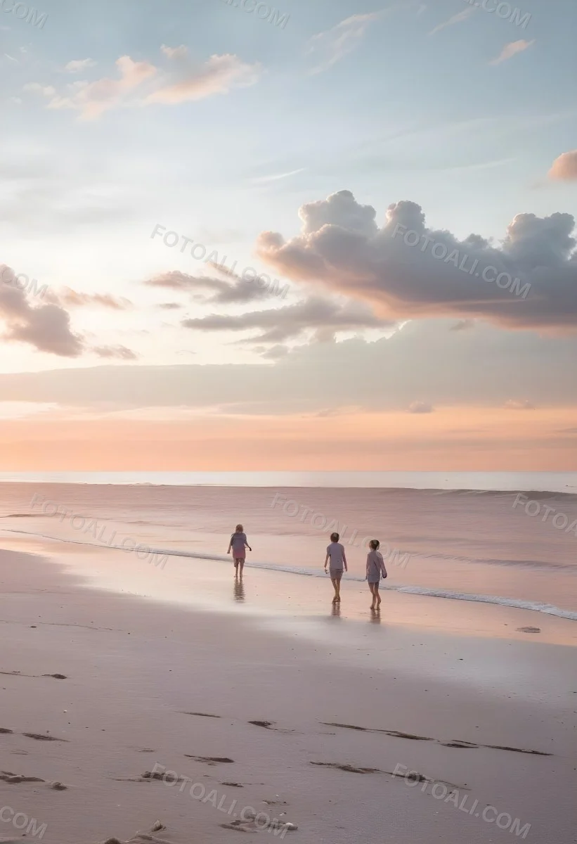 Minimal Soft Studio Light Photography A Serene Beach Scene At Sunset With A Calm Ocean And Distant Silhouettes Of People Walking Along The Shore The Sky Is Filled With Soft Pastel Colored Clouds Creating A Peaceful A 30 D44b