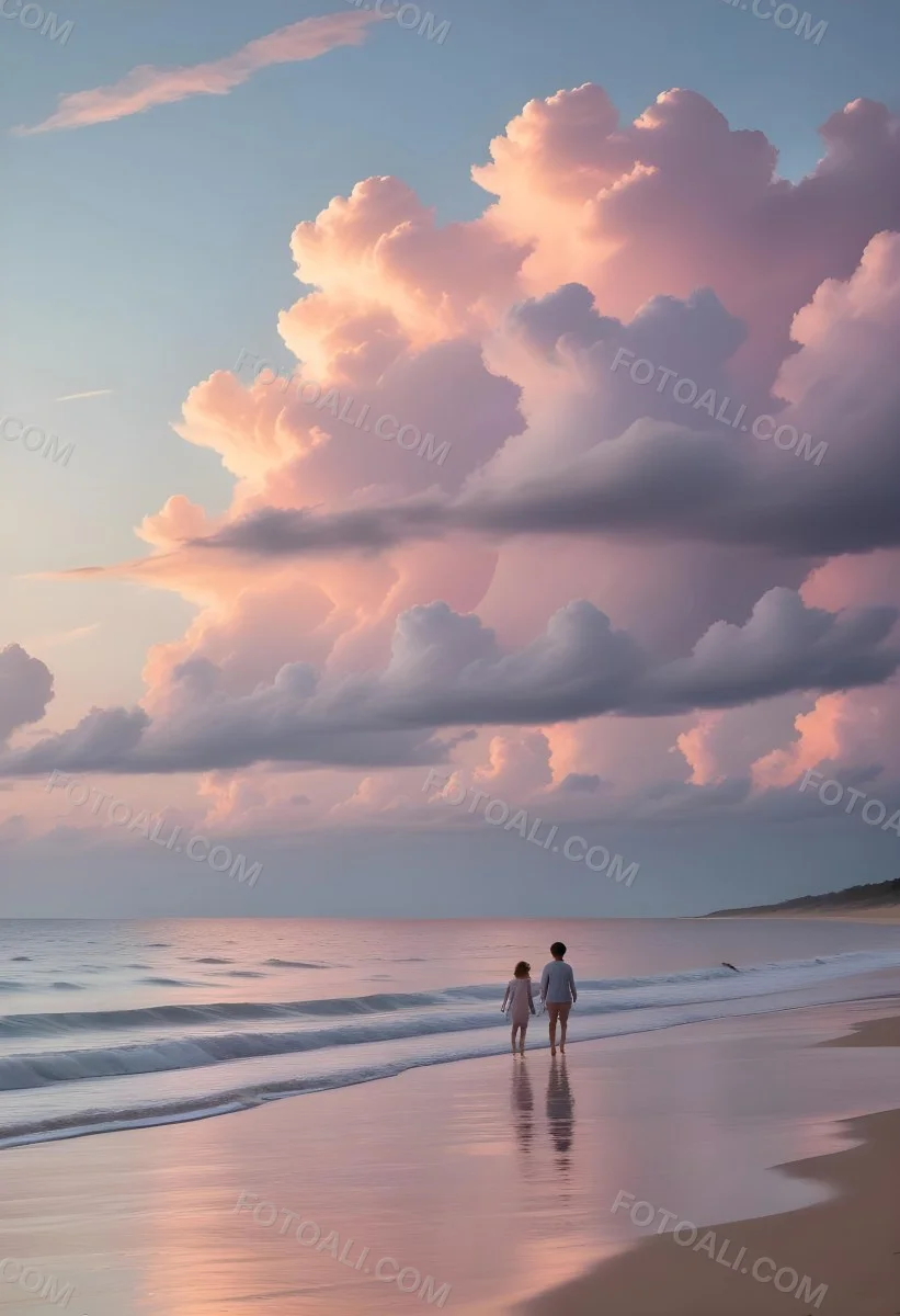 Minimal Soft Studio Light Photography A Serene Beach Scene At Sunset With A Calm Ocean And Distant Silhouettes Of People Walking Along The Shore The Sky Is Filled With Soft Pastel Colored Clouds Creating A Peaceful A 5 4d6a
