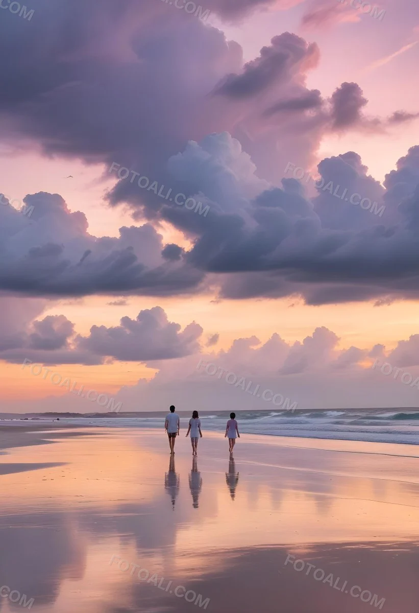 Minimal Soft Studio Light Photography A Serene Beach Scene At Sunset With A Calm Ocean And Distant Silhouettes Of People Walking Along The Shore The Sky Is Filled With Soft Pastel Colored Clouds Creating A Peaceful A 6 5aa6