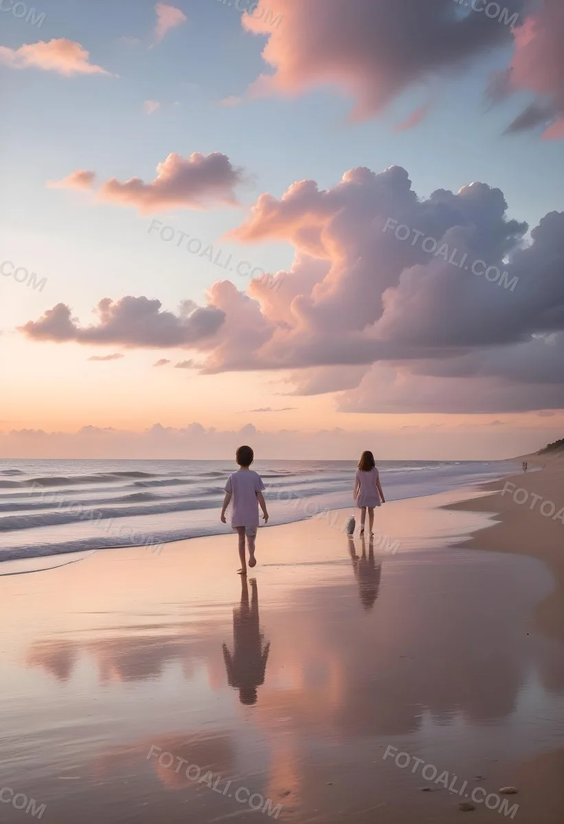 Minimal Soft Studio Light Photography A Serene Beach Scene At Sunset With A Calm Ocean And Distant Silhouettes Of People Walking Along The Shore The Sky Is Filled With Soft Pastel Colored Clouds Creating A Peaceful A 8 1a61