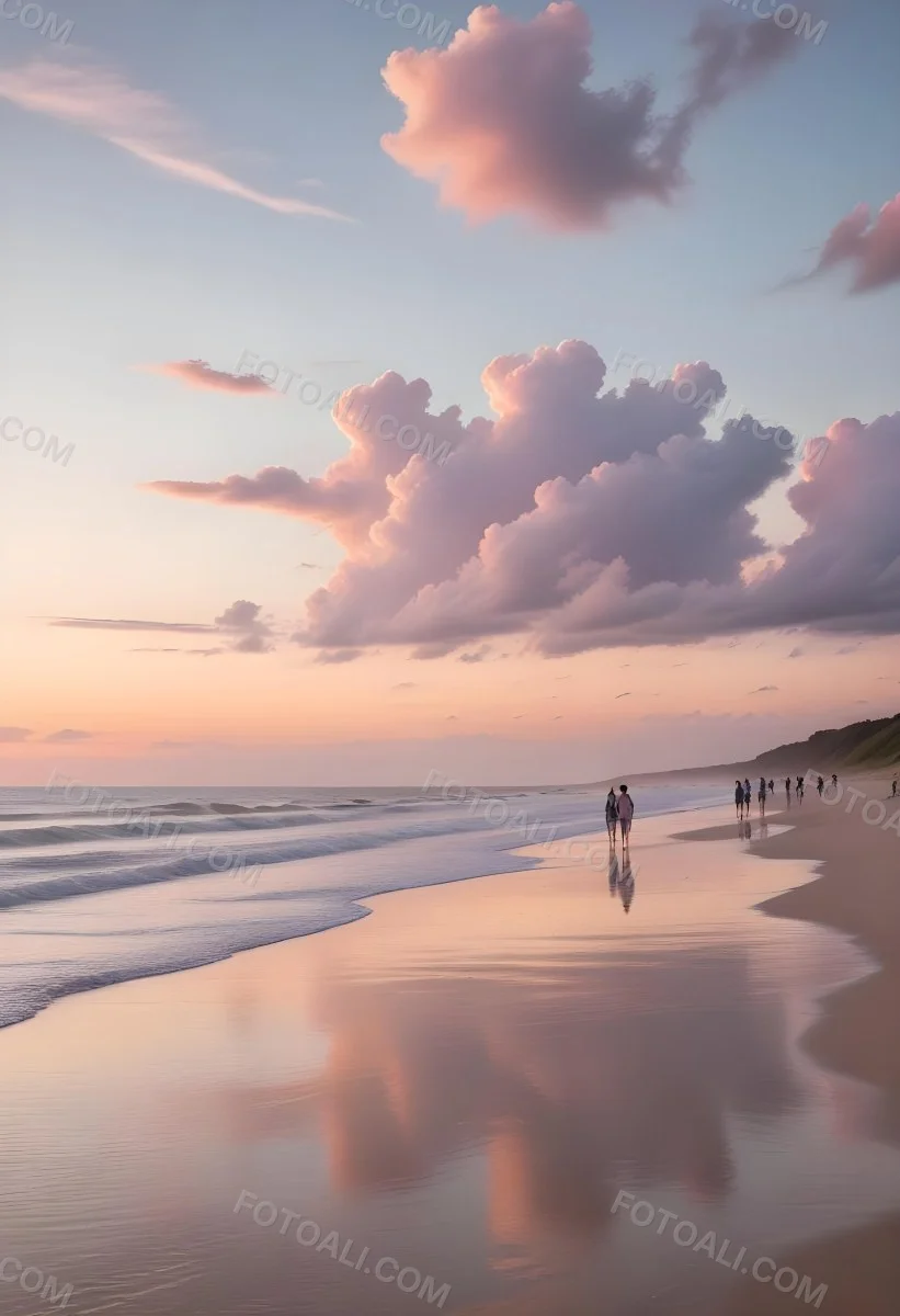 Minimal Soft Studio Light Photography A Serene Beach Scene At Sunset With A Calm Ocean And Distant Silhouettes Of People Walking Along The Shore The Sky Is Filled With Soft Pastel Colored Clouds Creating A Peaceful A 9 Ce3f