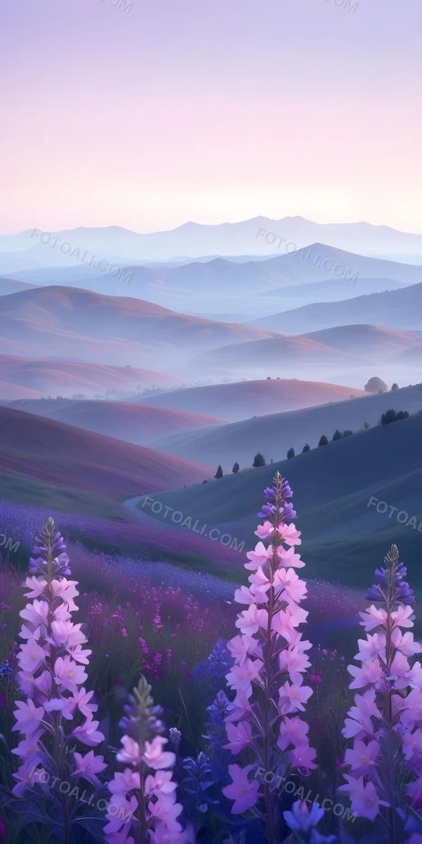 Minimal Soft Studio Light Photography A Serene Landscape With Rolling Hills And Mountains In The Background Covered In A Hazy Mist In The Foreground There Are Vibrant Purple And Pink Wildflowers Blooming Creating A 11 Bd74