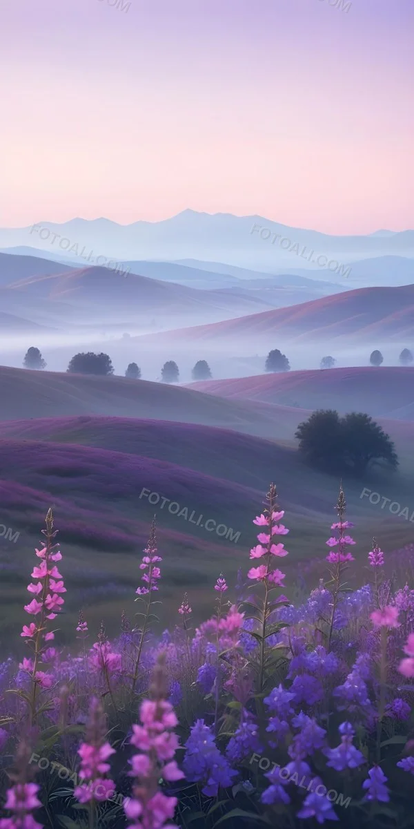 Minimal Soft Studio Light Photography A Serene Landscape With Rolling Hills And Mountains In The Background Covered In A Hazy Mist In The Foreground There Are Vibrant Purple And Pink Wildflowers Blooming Creating A 12 1788