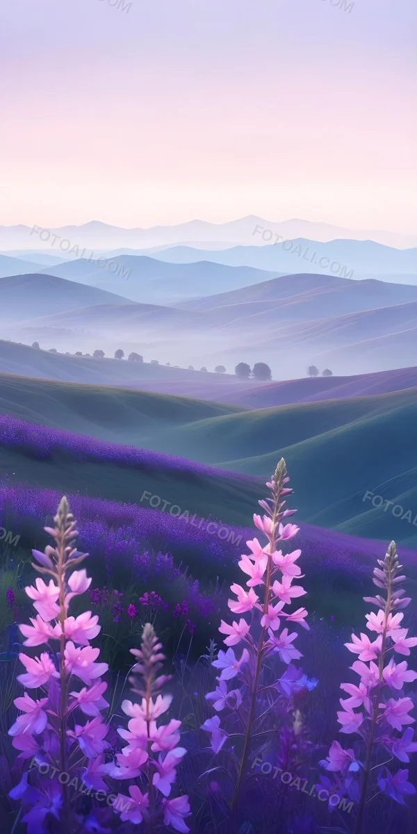 Minimal Soft Studio Light Photography A Serene Landscape With Rolling Hills And Mountains In The Background Covered In A Hazy Mist In The Foreground There Are Vibrant Purple And Pink Wildflowers Blooming Creating A 16 0245