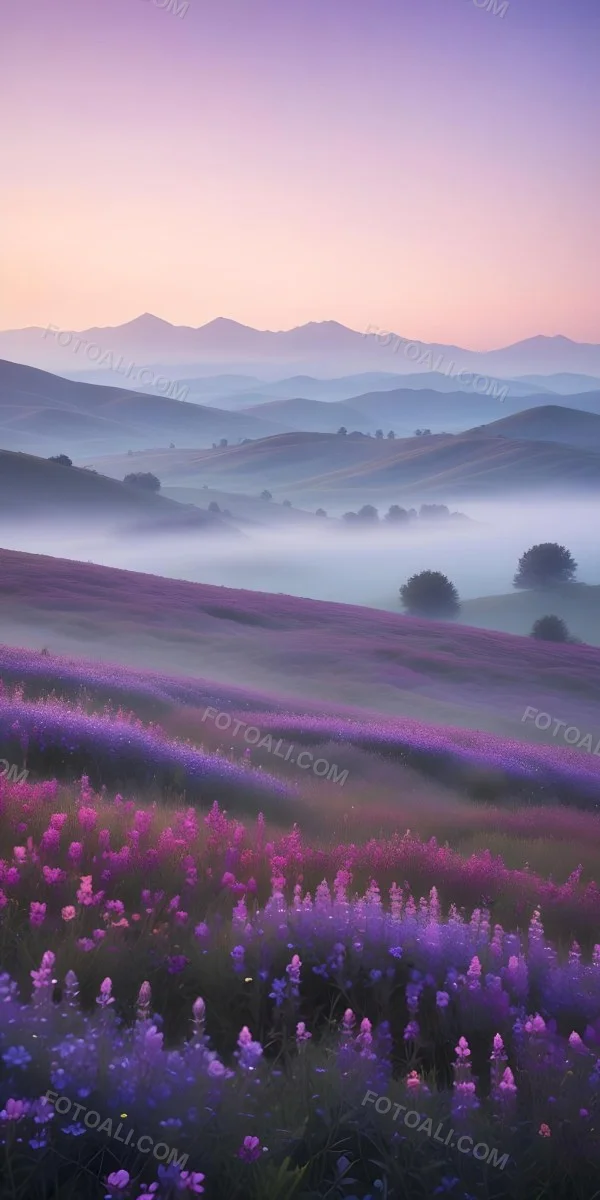 Minimal Soft Studio Light Photography A Serene Landscape With Rolling Hills And Mountains In The Background Covered In A Hazy Mist In The Foreground There Are Vibrant Purple And Pink Wildflowers Blooming Creating A 18 1a4d