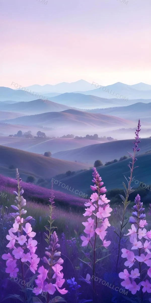Minimal Soft Studio Light Photography A Serene Landscape With Rolling Hills And Mountains In The Background Covered In A Hazy Mist In The Foreground There Are Vibrant Purple And Pink Wildflowers Blooming Creating A 19 2c50