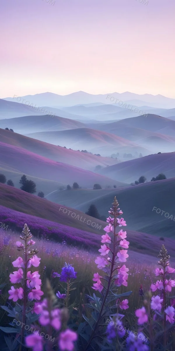 Minimal Soft Studio Light Photography A Serene Landscape With Rolling Hills And Mountains In The Background Covered In A Hazy Mist In The Foreground There Are Vibrant Purple And Pink Wildflowers Blooming Creating A 20 186b