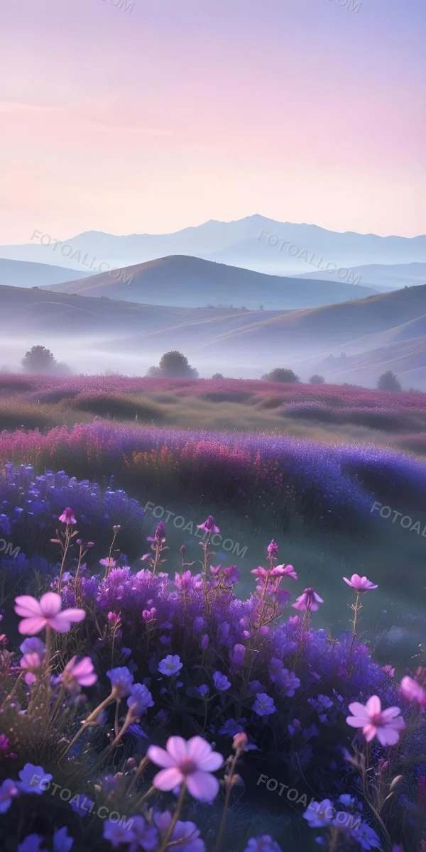 Minimal Soft Studio Light Photography A Serene Landscape With Rolling Hills And Mountains In The Background Covered In A Hazy Mist In The Foreground There Are Vibrant Purple And Pink Wildflowers Blooming Creating A 21 8feb