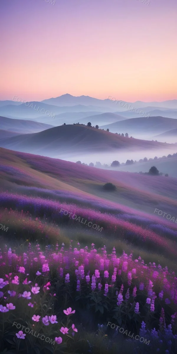 Minimal Soft Studio Light Photography A Serene Landscape With Rolling Hills And Mountains In The Background Covered In A Hazy Mist In The Foreground There Are Vibrant Purple And Pink Wildflowers Blooming Creating A 22 Edc1