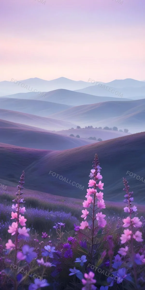 Minimal Soft Studio Light Photography A Serene Landscape With Rolling Hills And Mountains In The Background Covered In A Hazy Mist In The Foreground There Are Vibrant Purple And Pink Wildflowers Blooming Creating A 23 2389