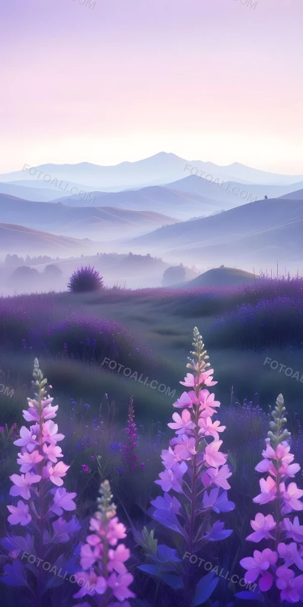 Minimal Soft Studio Light Photography A Serene Landscape With Rolling Hills And Mountains In The Background Covered In A Hazy Mist In The Foreground There Are Vibrant Purple And Pink Wildflowers Blooming Creating A 24 5df1