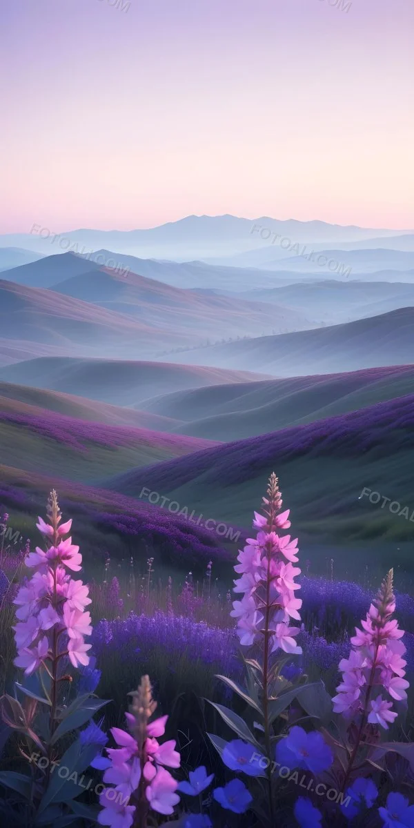 Minimal Soft Studio Light Photography A Serene Landscape With Rolling Hills And Mountains In The Background Covered In A Hazy Mist In The Foreground There Are Vibrant Purple And Pink Wildflowers Blooming Creating A 25 B7d2
