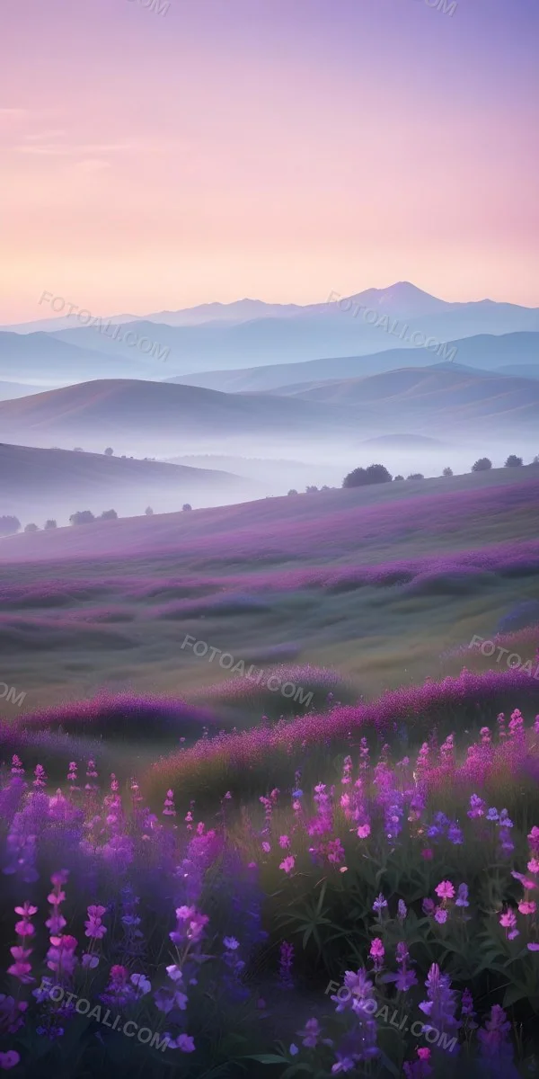 Minimal Soft Studio Light Photography A Serene Landscape With Rolling Hills And Mountains In The Background Covered In A Hazy Mist In The Foreground There Are Vibrant Purple And Pink Wildflowers Blooming Creating A 26 1351