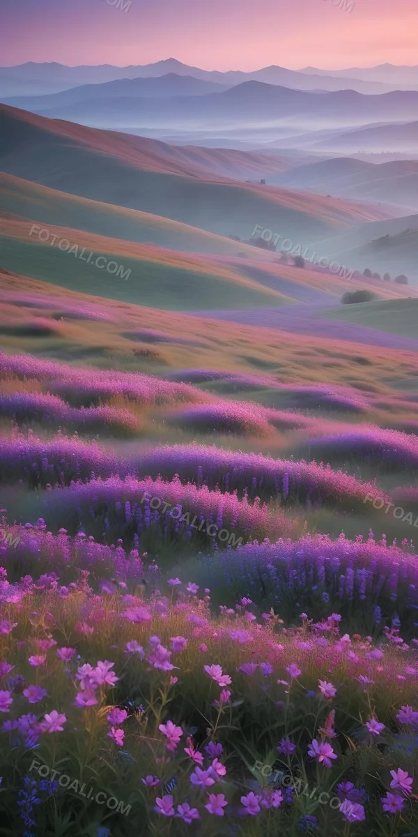 Minimal Soft Studio Light Photography A Serene Landscape With Rolling Hills And Mountains In The Background Covered In A Hazy Mist In The Foreground There Are Vibrant Purple And Pink Wildflowers Blooming Creating A 3 356e