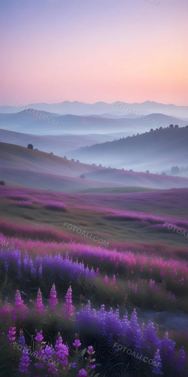 Minimal Soft Studio Light Photography A Serene Landscape With Rolling Hills And Mountains In The Background Covered In A Hazy Mist In The Foreground There Are Vibrant Purple And Pink Wildflowers Blooming Creating A 4 Ee9b