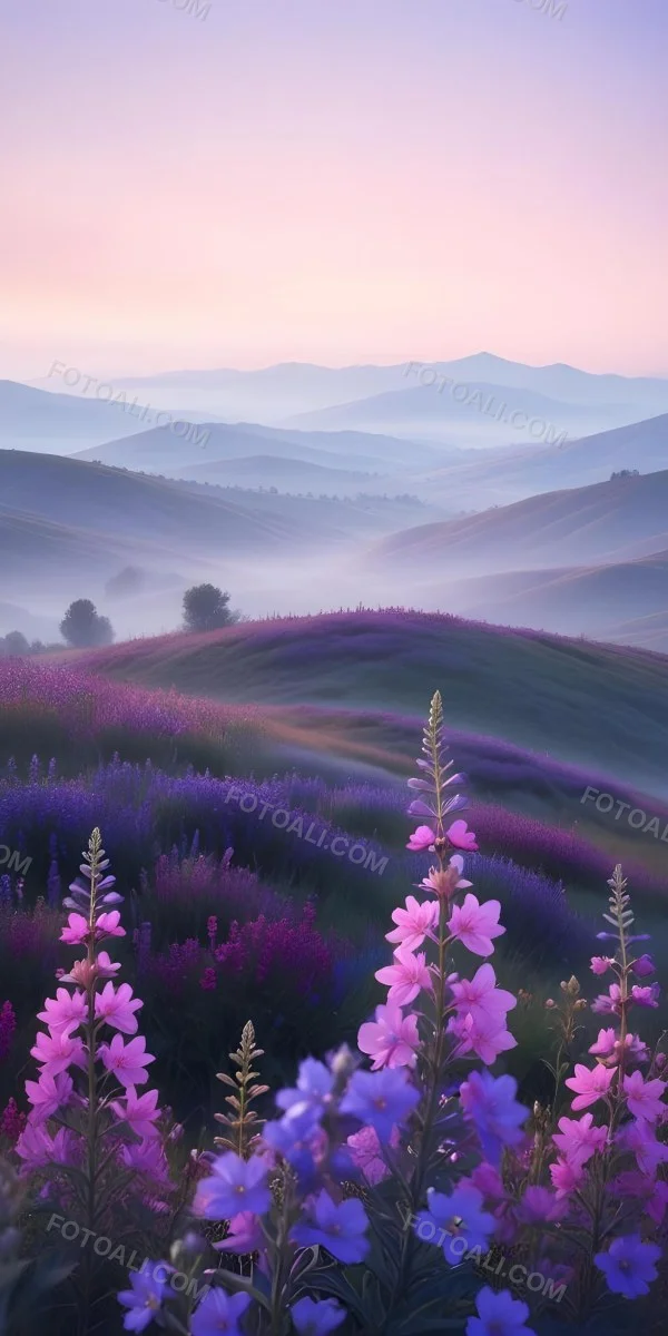 Minimal Soft Studio Light Photography A Serene Landscape With Rolling Hills And Mountains In The Background Covered In A Hazy Mist In The Foreground There Are Vibrant Purple And Pink Wildflowers Blooming Creating A 5 Bff4