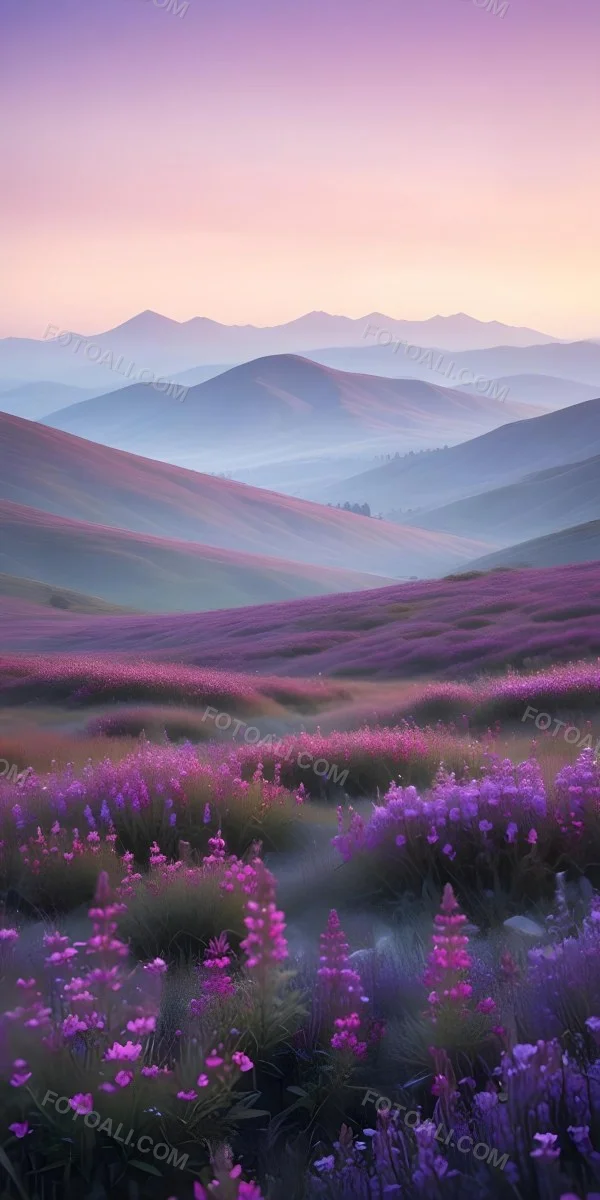 Minimal Soft Studio Light Photography A Serene Landscape With Rolling Hills And Mountains In The Background Covered In A Hazy Mist In The Foreground There Are Vibrant Purple And Pink Wildflowers Blooming Creating A 6 9080