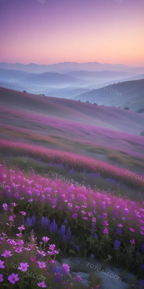 Minimal Soft Studio Light Photography A Serene Landscape With Rolling Hills And Mountains In The Background Covered In A Hazy Mist In The Foreground There Are Vibrant Purple And Pink Wildflowers Blooming Creating A 8 93fb