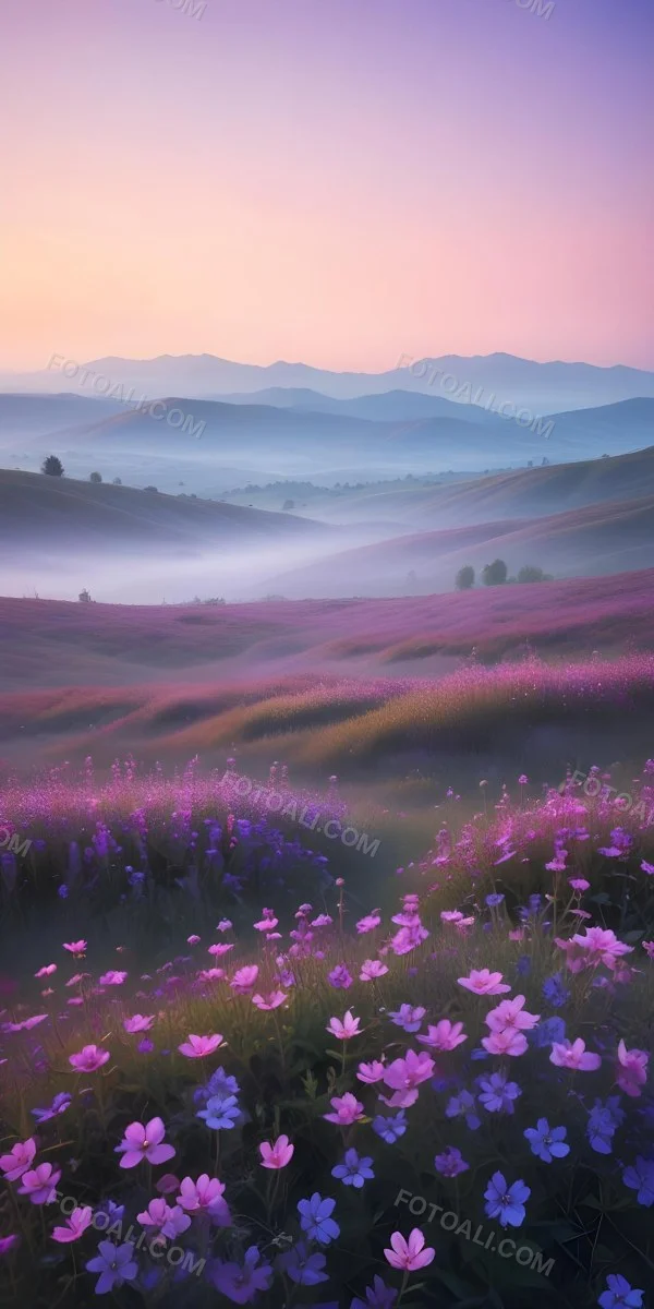 Minimal Soft Studio Light Photography A Serene Landscape With Rolling Hills And Mountains In The Background Covered In A Hazy Mist In The Foreground There Are Vibrant Purple And Pink Wildflowers Blooming Creating A 9 2666