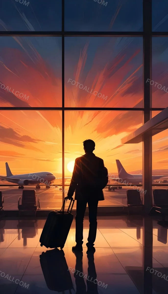 Minimal Soft Studio Light Photography A Silhouetted Person Standing In An Airport Terminal With A Suitcase Looking Out At The Dramatic Sunset Sky Through The Window High Detail Solid Bold Color Background 10 Ec9e