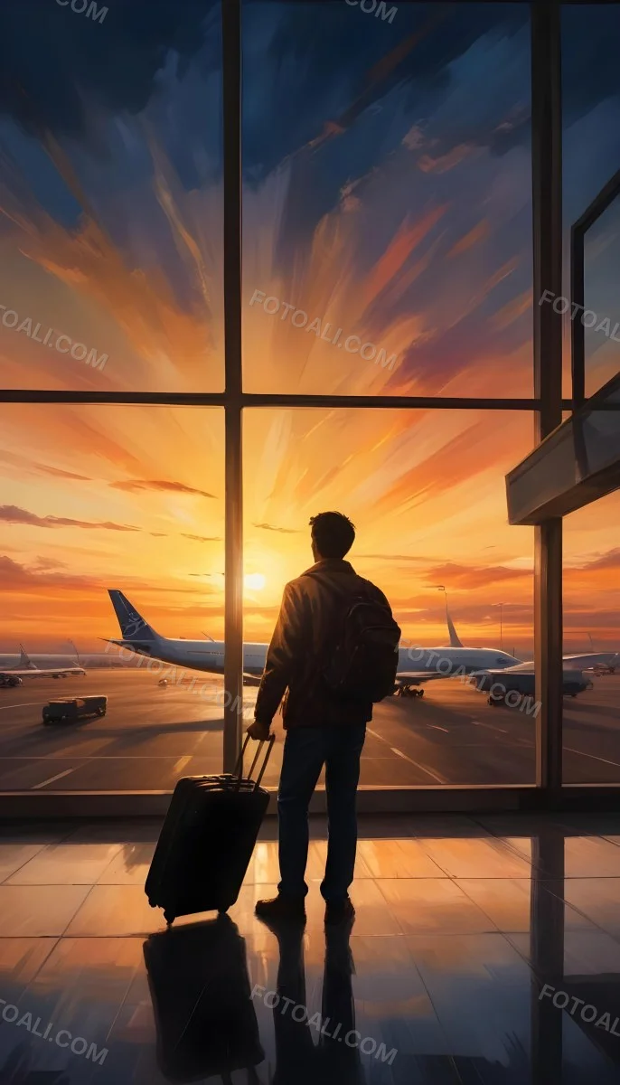 Minimal Soft Studio Light Photography A Silhouetted Person Standing In An Airport Terminal With A Suitcase Looking Out At The Dramatic Sunset Sky Through The Window High Detail Solid Bold Color Background 15 4ac3