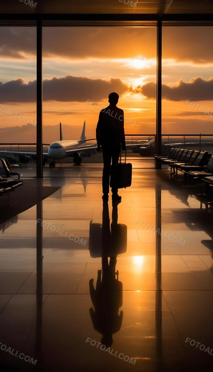 Minimal Soft Studio Light Photography A Silhouetted Person Standing In An Airport Terminal With A Suitcase Looking Out At The Dramatic Sunset Sky Through The Window High Detail Solid Bold Color Background 18 42e3