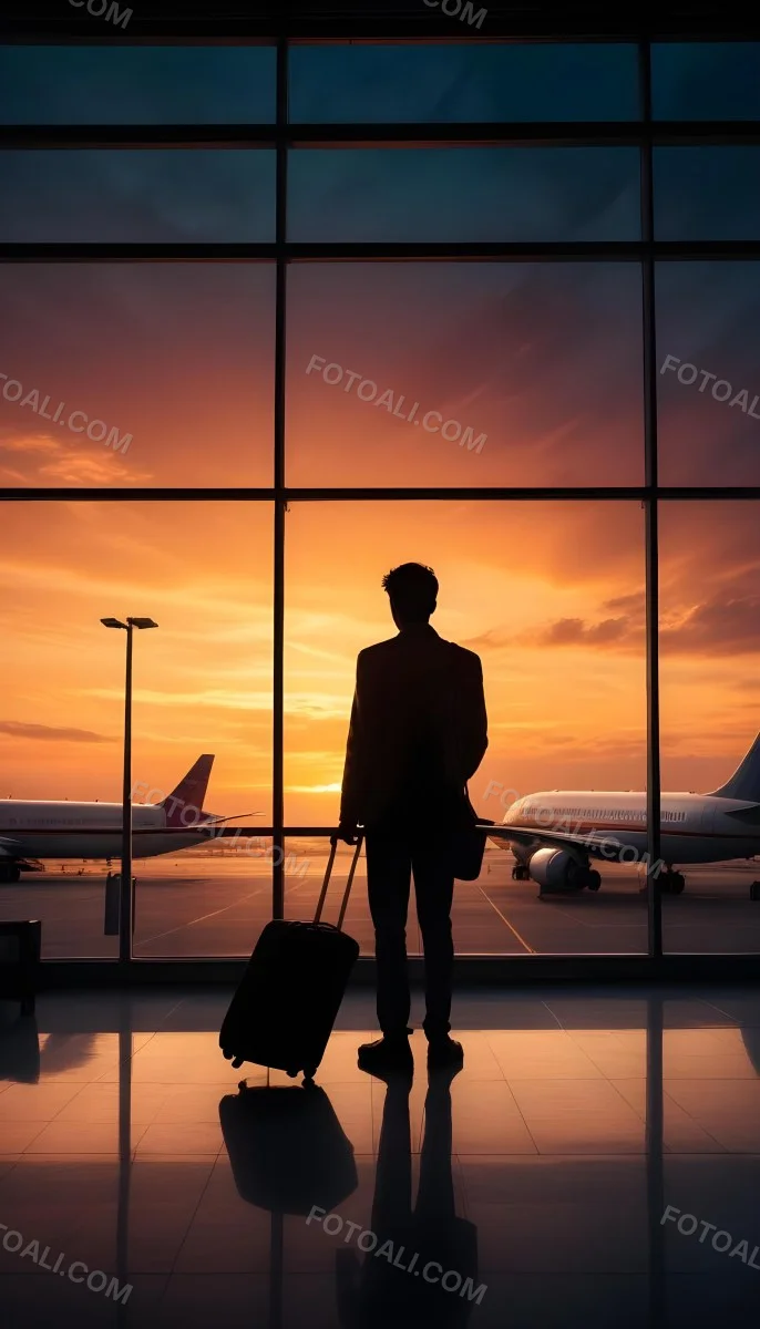 Minimal Soft Studio Light Photography A Silhouetted Person Standing In An Airport Terminal With A Suitcase Looking Out At The Dramatic Sunset Sky Through The Window High Detail Solid Bold Color Background 2 99ef