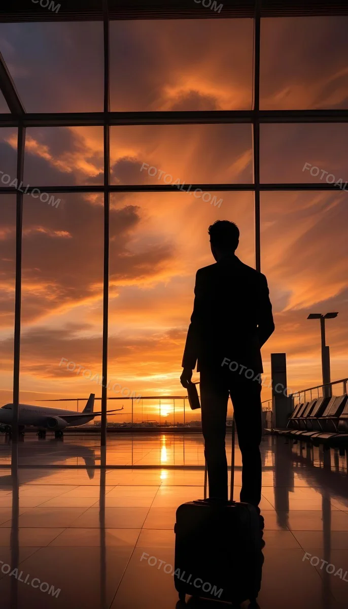Minimal Soft Studio Light Photography A Silhouetted Person Standing In An Airport Terminal With A Suitcase Looking Out At The Dramatic Sunset Sky Through The Window High Detail Solid Bold Color Background 24 9afd