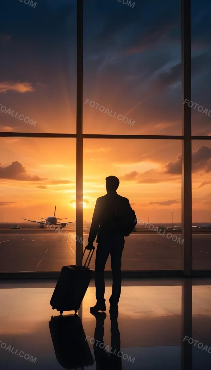 Minimal Soft Studio Light Photography A Silhouetted Person Standing In An Airport Terminal With A Suitcase Looking Out At The Dramatic Sunset Sky Through The Window High Detail Solid Bold Color Background 33 3b2b