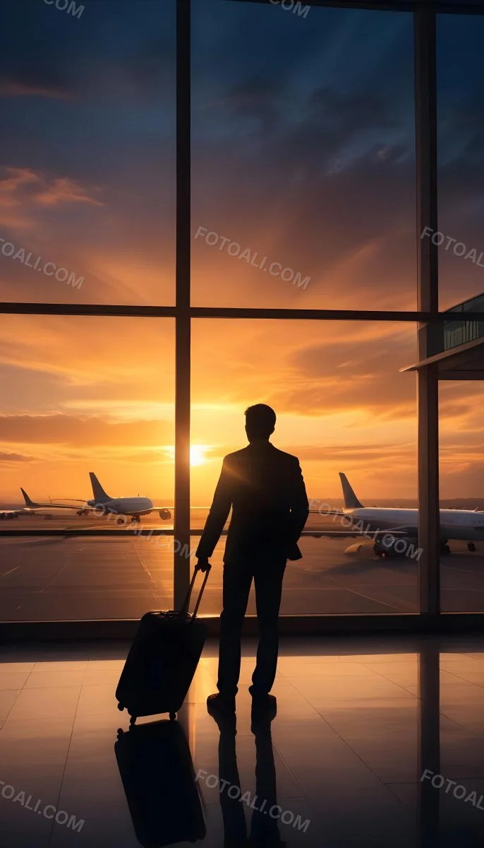 Minimal Soft Studio Light Photography A Silhouetted Person Standing In An Airport Terminal With A Suitcase Looking Out At The Dramatic Sunset Sky Through The Window High Detail Solid Bold Color Background 34 1955