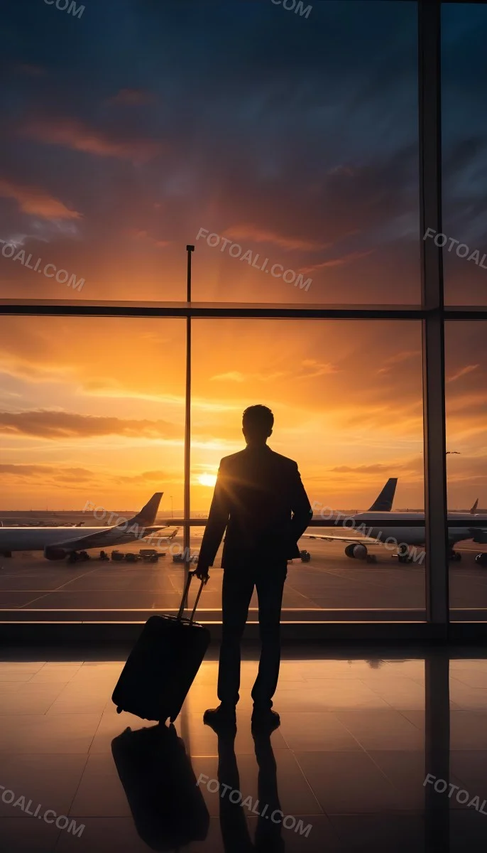 Minimal Soft Studio Light Photography A Silhouetted Person Standing In An Airport Terminal With A Suitcase Looking Out At The Dramatic Sunset Sky Through The Window High Detail Solid Bold Color Background 36 3a8d