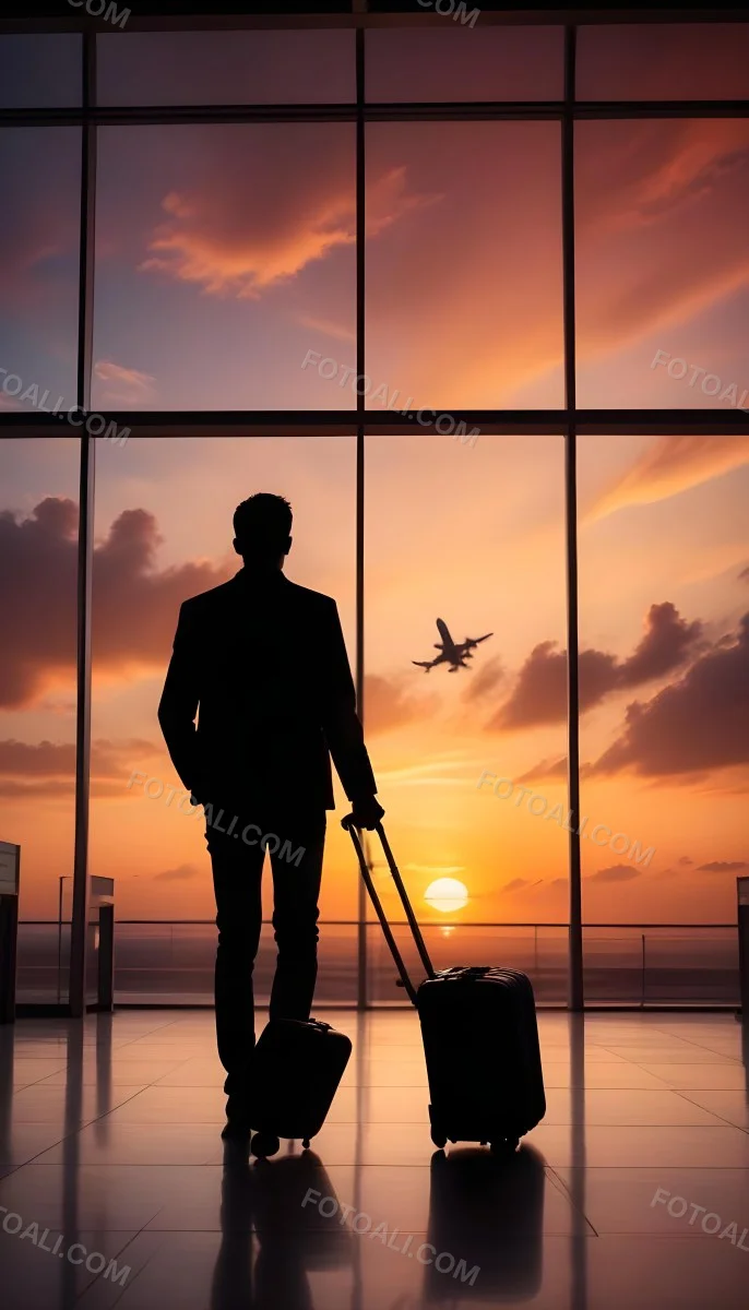 Minimal Soft Studio Light Photography A Silhouetted Person Standing In An Airport Terminal With A Suitcase Looking Out At The Dramatic Sunset Sky Through The Window High Detail Solid Bold Color Background 5 49e3