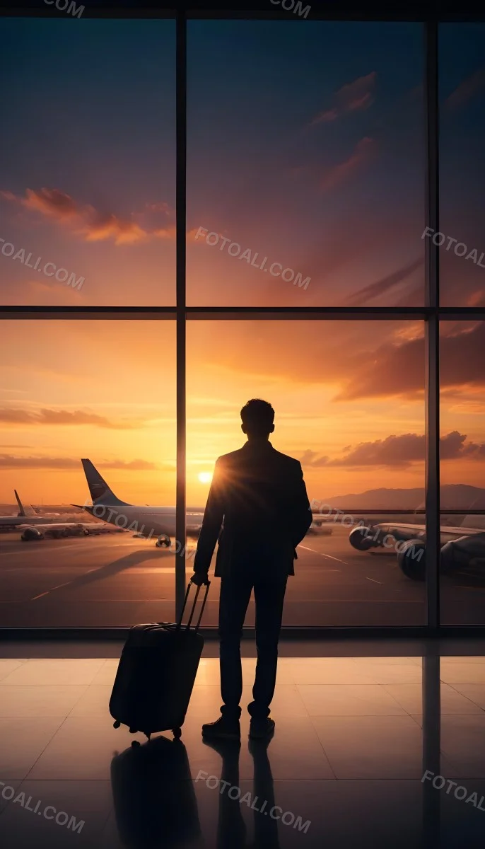 Minimal Soft Studio Light Photography A Silhouetted Person Standing In An Airport Terminal With A Suitcase Looking Out At The Dramatic Sunset Sky Through The Window High Detail Solid Bold Color Background 6 9f47