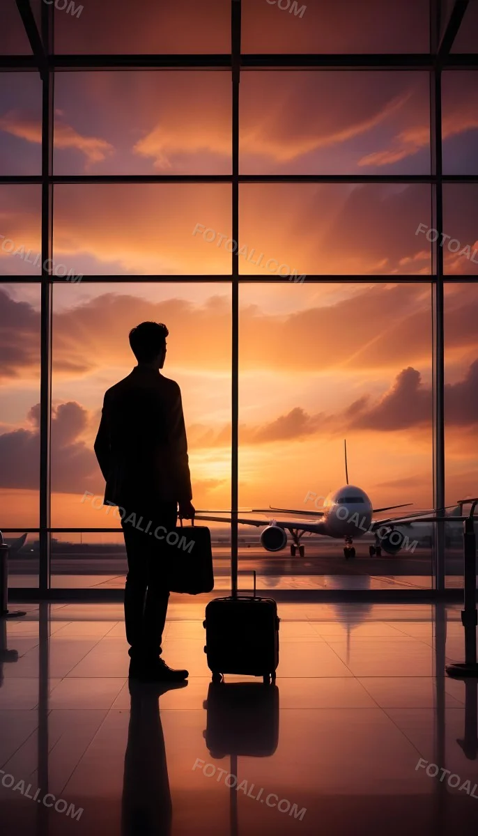 Minimal Soft Studio Light Photography A Silhouetted Person Standing In An Airport Terminal With A Suitcase Looking Out At The Dramatic Sunset Sky Through The Window High Detail Solid Bold Color Background 7 017a