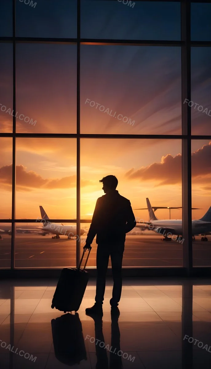 Minimal Soft Studio Light Photography A Silhouetted Person Standing In An Airport Terminal With A Suitcase Looking Out At The Dramatic Sunset Sky Through The Window High Detail Solid Bold Color Background 8 2927