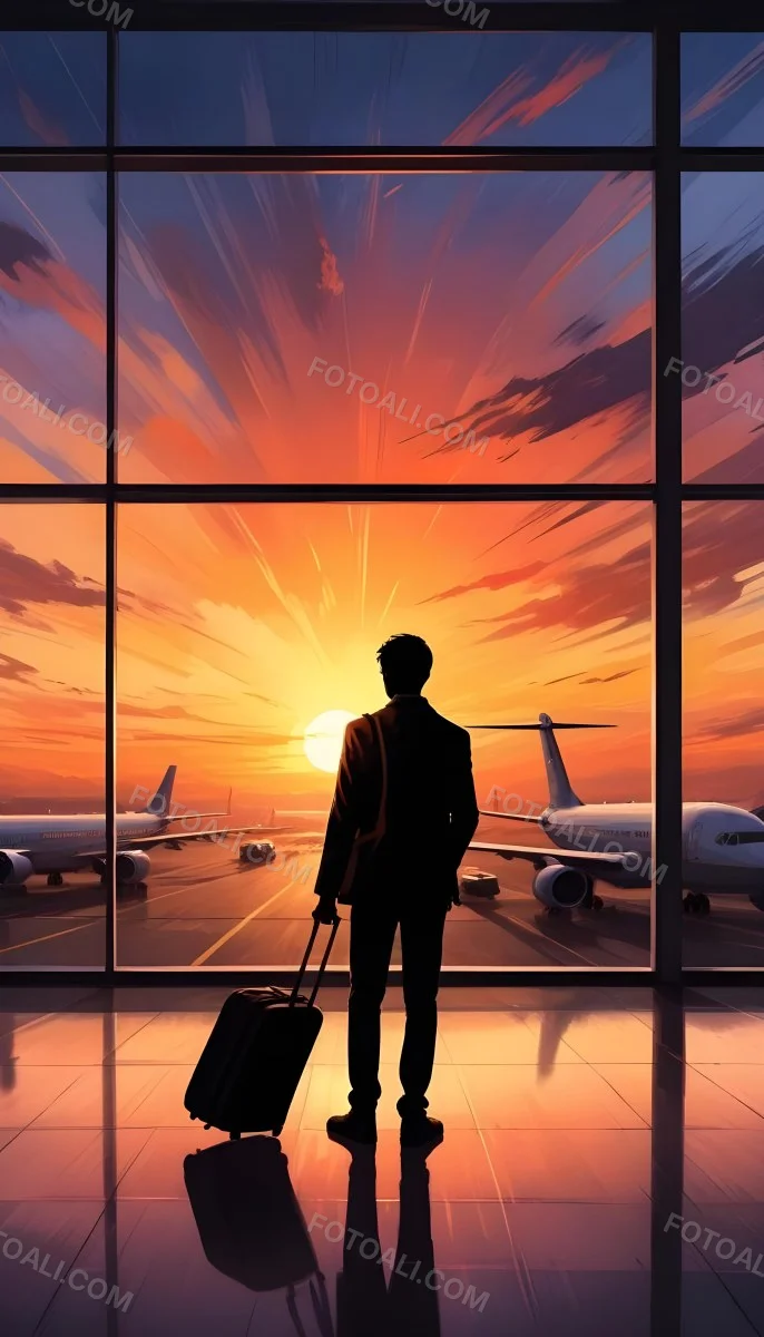 Minimal Soft Studio Light Photography A Silhouetted Person Standing In An Airport Terminal With A Suitcase Looking Out At The Dramatic Sunset Sky Through The Window High Detail Solid Bold Color Background 9 A077