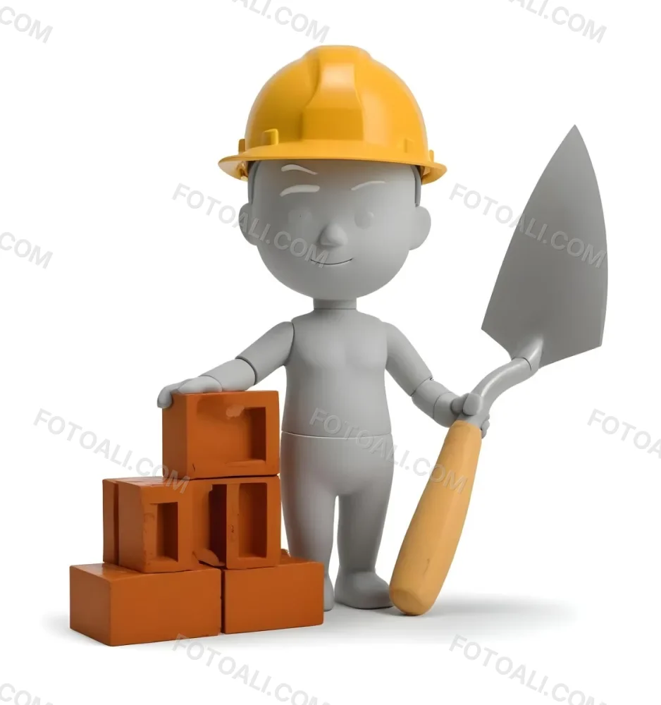 Minimal Soft Studio Light Photography A Small Gray Humanoid Figure Wearing A Yellow Hard Hat Holding A Trowel In One Hand And Standing Next To A Stack Of Orange Bricks The Background Is Plain And White High Detail 10 7f9a