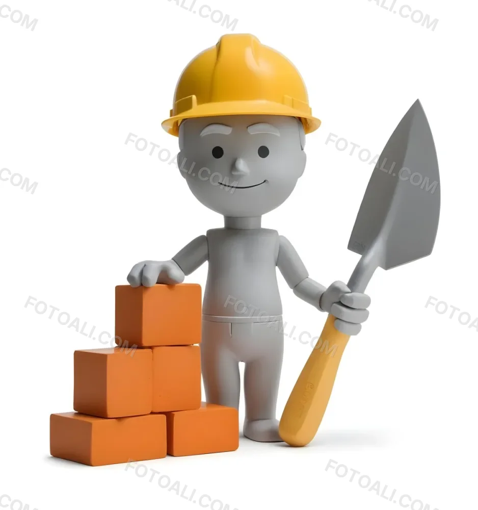 Minimal Soft Studio Light Photography A Small Gray Humanoid Figure Wearing A Yellow Hard Hat Holding A Trowel In One Hand And Standing Next To A Stack Of Orange Bricks The Background Is Plain And White High Detail 13 Ddcc