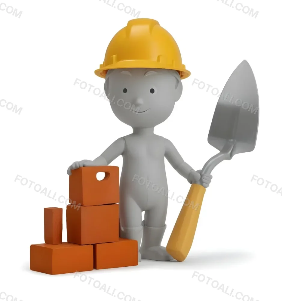 Minimal Soft Studio Light Photography A Small Gray Humanoid Figure Wearing A Yellow Hard Hat Holding A Trowel In One Hand And Standing Next To A Stack Of Orange Bricks The Background Is Plain And White High Detail 14 0132