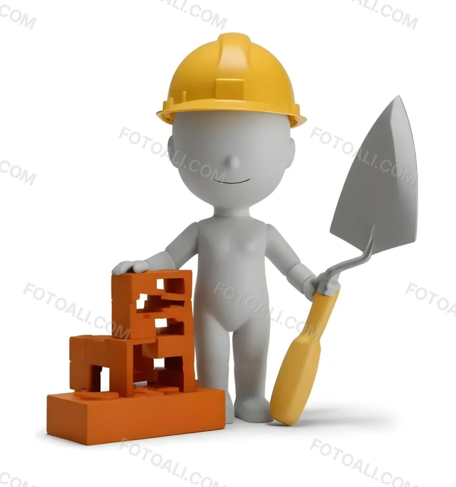 Minimal Soft Studio Light Photography A Small Gray Humanoid Figure Wearing A Yellow Hard Hat Holding A Trowel In One Hand And Standing Next To A Stack Of Orange Bricks The Background Is Plain And White High Detail 19 7ba4