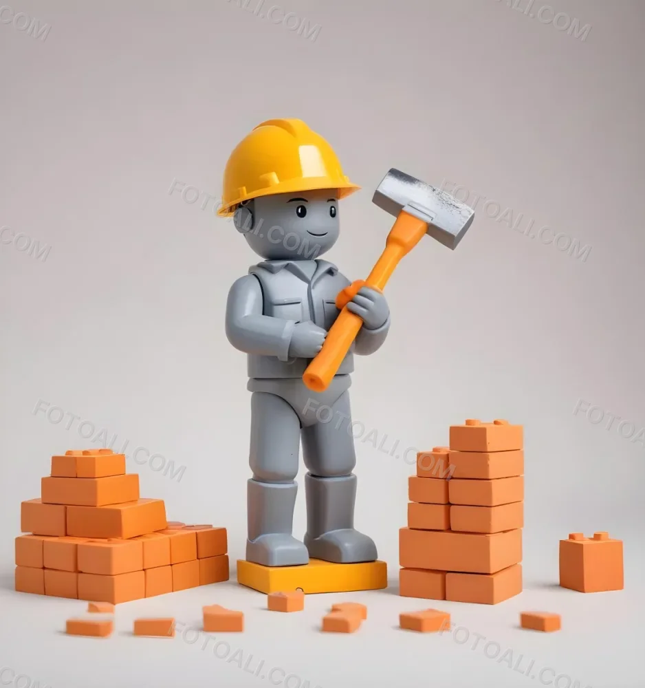 Minimal Soft Studio Light Photography A Small Gray Humanoid Figure Wearing A Yellow Hard Hat Holding A Trowel In One Hand And Standing Next To A Stack Of Orange Bricks The Background Is Plain And White High Detail 4 69ac