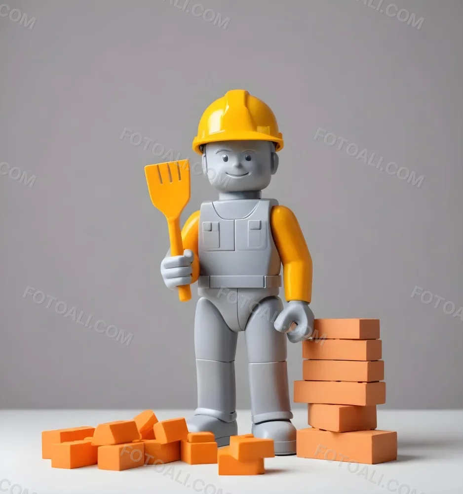 Minimal Soft Studio Light Photography A Small Gray Humanoid Figure Wearing A Yellow Hard Hat Holding A Trowel In One Hand And Standing Next To A Stack Of Orange Bricks The Background Is Plain And White High Detail 5 Afe3
