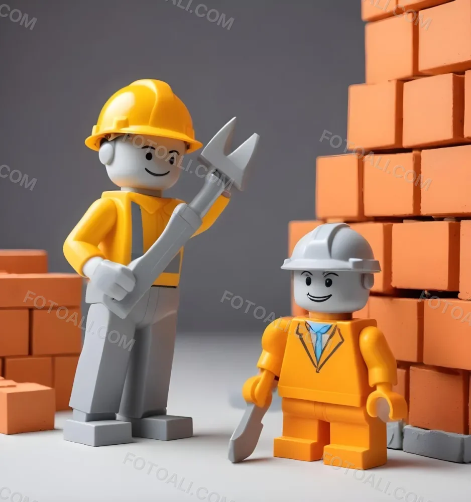 Minimal Soft Studio Light Photography A Small Gray Humanoid Figure Wearing A Yellow Hard Hat Holding A Trowel In One Hand And Standing Next To A Stack Of Orange Bricks The Background Is Plain And White High Detail 7 977e