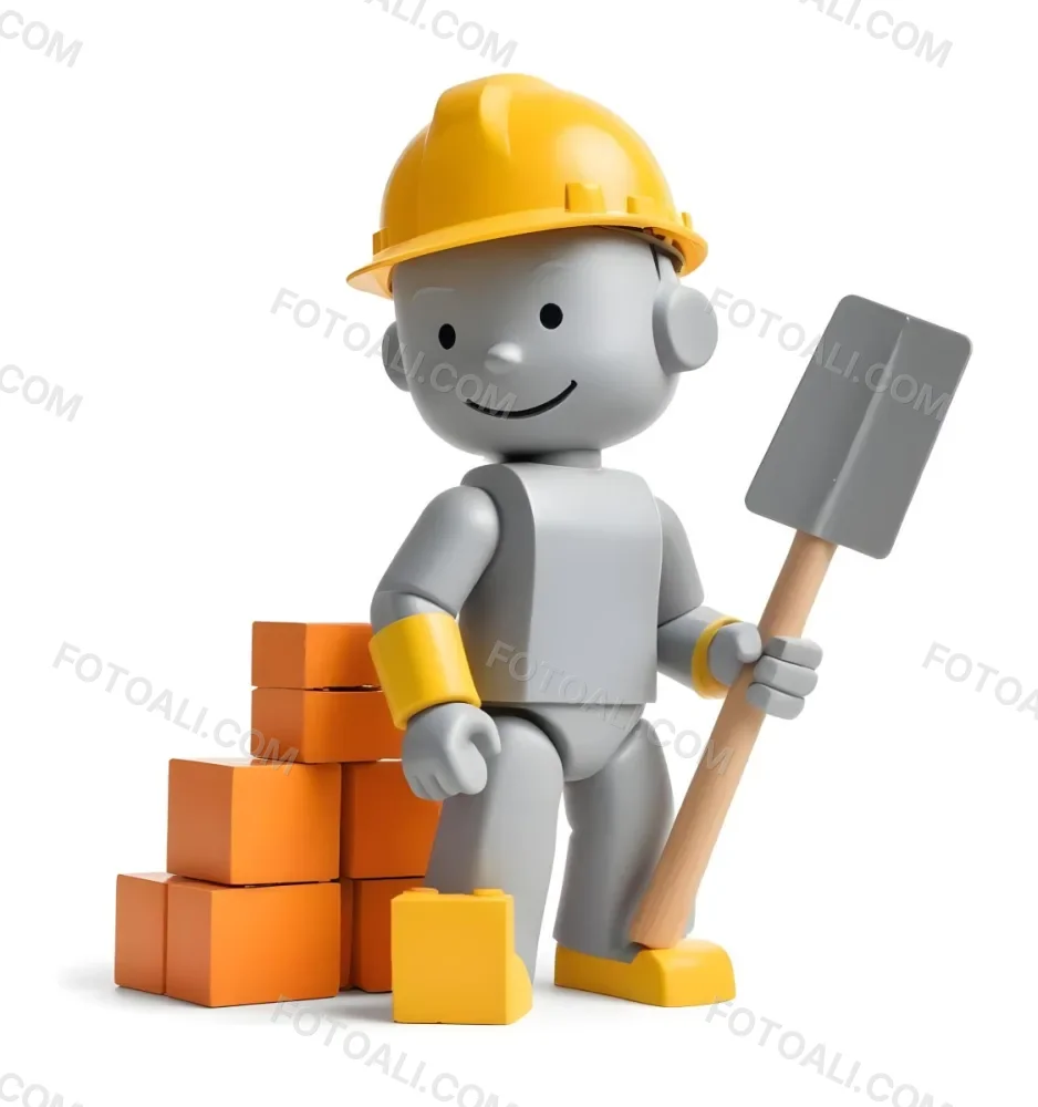 Minimal Soft Studio Light Photography A Small Gray Humanoid Figure Wearing A Yellow Hard Hat Holding A Trowel In One Hand And Standing Next To A Stack Of Orange Bricks The Background Is Plain And White High Detail 9 7b23