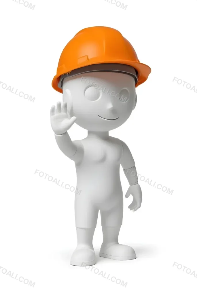 Minimal Soft Studio Light Photography A Small Stylized Humanoid Figure With A Smooth Featureless Surface Wearing An Orange Construction Helmet The Figure Is Standing Upright With One Hand Raised In A Waving Gesture 12 Fff3