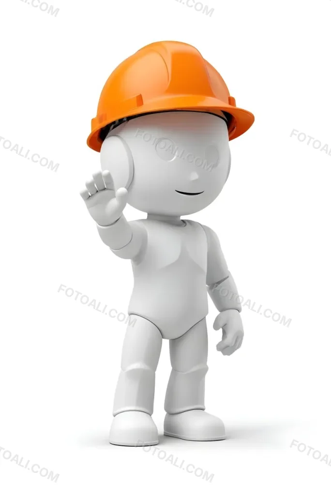 Minimal Soft Studio Light Photography A Small Stylized Humanoid Figure With A Smooth Featureless Surface Wearing An Orange Construction Helmet The Figure Is Standing Upright With One Hand Raised In A Waving Gesture 20 C778