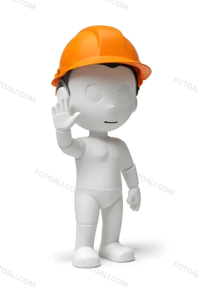 Minimal Soft Studio Light Photography A Small Stylized Humanoid Figure With A Smooth Featureless Surface Wearing An Orange Construction Helmet The Figure Is Standing Upright With One Hand Raised In A Waving Gesture 22 E499