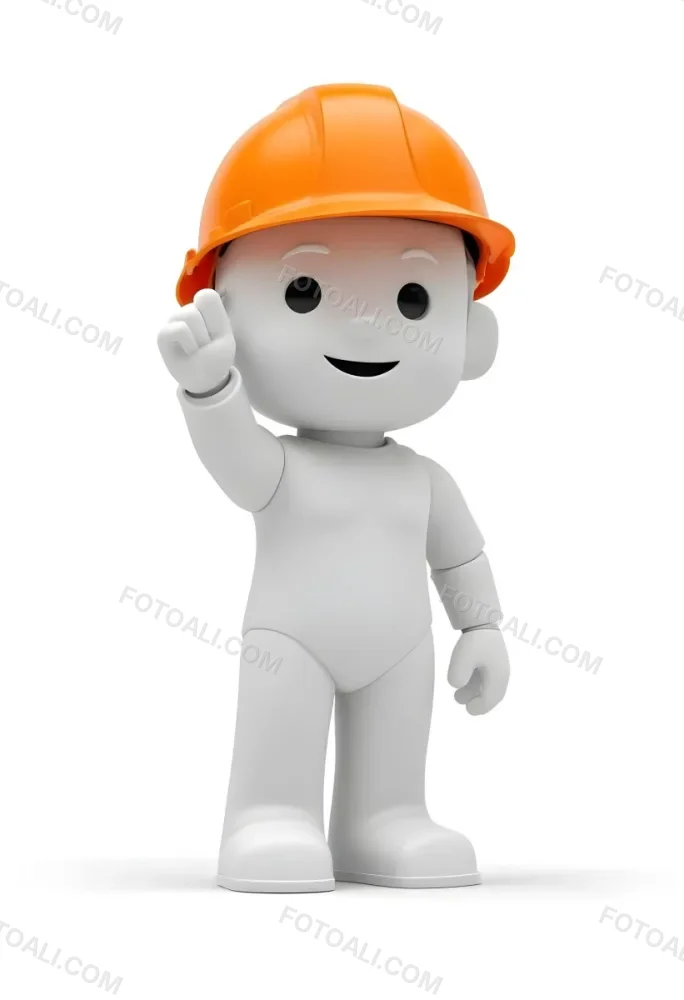 Minimal Soft Studio Light Photography A Small Stylized Humanoid Figure With A Smooth Featureless Surface Wearing An Orange Construction Helmet The Figure Is Standing Upright With One Hand Raised In A Waving Gesture 23 8bbd