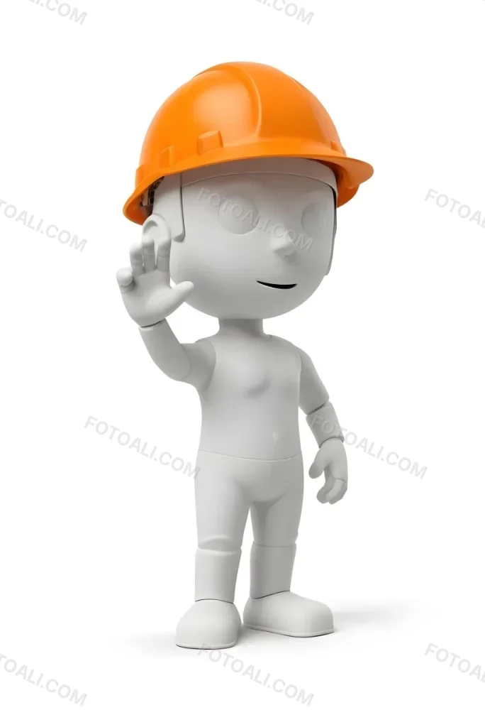 Minimal Soft Studio Light Photography A Small Stylized Humanoid Figure With A Smooth Featureless Surface Wearing An Orange Construction Helmet The Figure Is Standing Upright With One Hand Raised In A Waving Gesture 24 D4b2