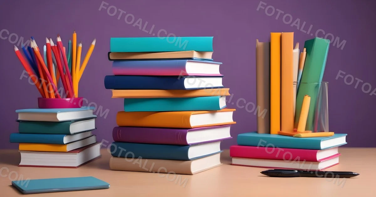 Minimal Soft Studio Light Photography A Stack Of Colorful Books On A Desk With A Laptop And Other Office Supplies In The Background High Detail Solid Bold Color Background 12 4138 431f